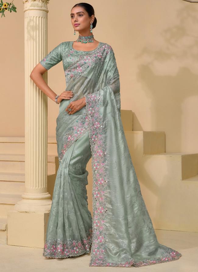 Pure Silk Light Sky Blue Wedding Wear Moti Work Saree